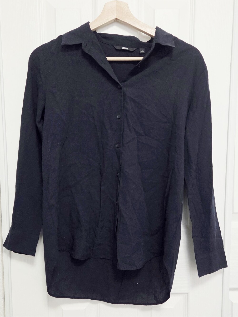 uniqlo navy button up long sleeve collared woven blouse shirt